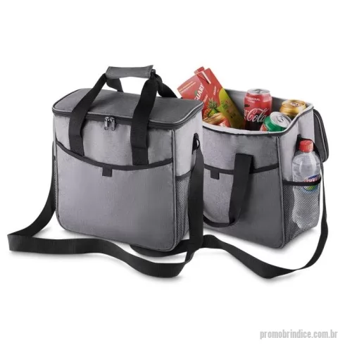 Bolsa térmica personalizada - Bolsa térmica, capacidade 16 litros, tecido nylon e poliéster, bolso frontal, alça de ombro regulável, parte interna soldada para retenção de líquidos, gravação da logomarca no bolso frontal ou tampa.