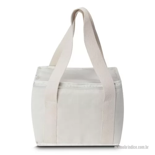 Bolsa térmica personalizada - Bolsa térmica em algodão cru, bolso frontal, alça de mão, compartimento interno soldado.