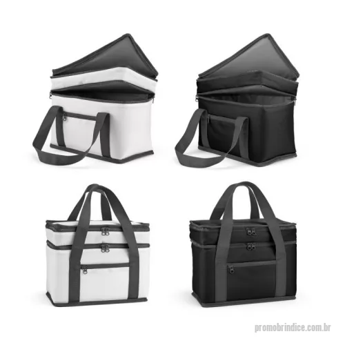 Bolsa térmica personalizada - Sacola térmica em 600D poliéster reciclado (100% rPET). Contém 2 compartimentos principais com isolamento em PEVA para facilitar a higienização e um bolso frontal com zíper. Capacidade até 10 L. Certificação EU Food Grade. 280 x 230 x 160 mm