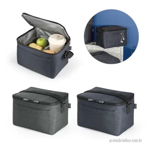 Bolsa térmica personalizada - Bolsa térmica em 600D poliéster reciclado (100% rPET) com interior em PEVA. Alça ajustável em webbing, bolso frontal e fecho duplo. Capacidade até 7 L. Certificação EU Food Grade. 240 x 170 x 170 mm