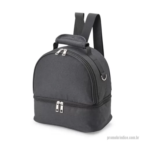 Bolsa térmica personalizada - Bolsa térmica dupla em nylon, com dois compartimentos térmicos isolados, capacidade de 7 litros. Contém bolso traseiro com ziper, alça de mão e alça para as costas.
