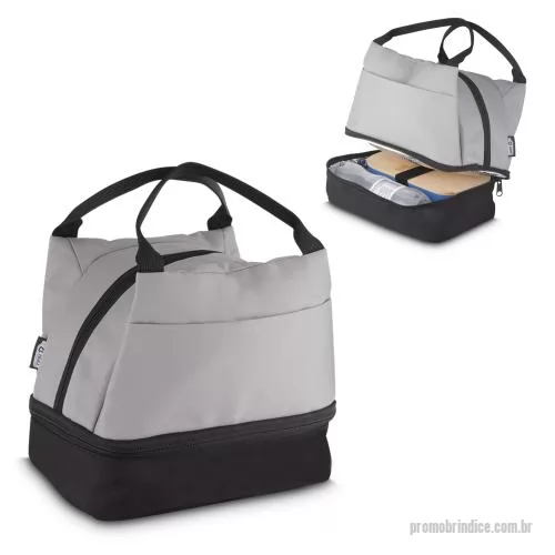 Bolsa térmica personalizada - Bolsa térmica em tecido PET Reciclado com 2 compartimentos térmicos costurados, bolso frontal e alça de mão.