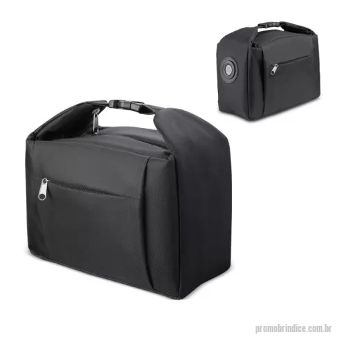 Bolsa térmica personalizada - Bolsa térmica em poliéster 600D com revestimento em PVC com interior costurado, com marcador de temperatura interno na lateral, bolso frontal com zíper e alça de mão com fecho. Dimensão do Produto: 18x26,5x12,5cm