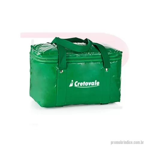 Bolsa térmica personalizada - Bolsa Térmica Capacidade para 14 litros, produzida em PVC brilhante espessura 0.20 disponível em cores sólidas externamente, forro em espumapac térmico de 4 mm e revestido em PVC sarja 0.15 de cor branca, acabamento em solda eletrônica, zíper de nylon color ao redor com cursor de metal e dupla alça envolvente de mãos em polipropileno de 30 mm em cores fixada por rebites c/ reforço, logotipo estampado em silk e medindo: 34 com. x 21 alt. x 20 esp. 
