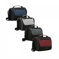 Bolsa térmica de poliéster com dois compartimentos, capacidade de 7 litros. A bolsa possui revestimento térmico em PEVA