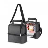Bolsa térmica em tecido poliéster, bolso frontal, alça de mão, alça de ombro regulável com 2 compartimentos térmicos.