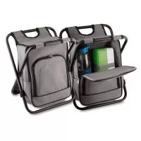 Bolsa térmica e cadeira, capacidade 10 litros, tecido polyester, com bolso frontal, cor cinza, alça de costas regulável, parte interna soldada, retém liquido.