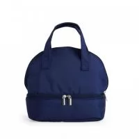 Bolsa térmica dupla em oxford com dois compartimentos térmicos isolados, capacidade de 6 litros. Contém alças de mãos.