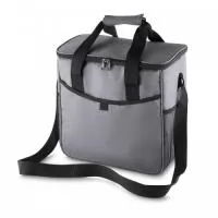 Bolsa térmica, capacidade 16 litros, tecido nylon e poliéster, bolso frontal, alça de ombro regulável, parte interna soldada para retenção de líquidos, gravação da logomarca no bolso frontal ou tampa.