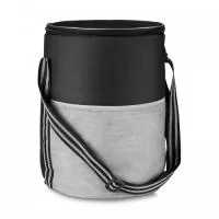 Bolsa térmica, capacidade 25 litros, tecido nylon mescla na cor cinza e grafite, bolso frontal, alça de ombro regulável, parte interna soldada = retém liquido, gravação bolso frontal ou tampa.