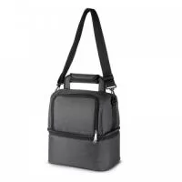 Bolsa térmica em tecido poliéster, bolso frontal, alça de mão, alça de ombro regulável com 2 compartimentos térmicos.