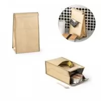 Bolsa térmica até 4 L em papel com forro em non-woven e interior com isolamento térmico em alumínio. Fecho com velcro e bolso frontal.