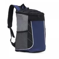 Bolsa térmica de poliéster com dois compartimentos, capacidade de 18 litros. A bolsa possui revestimento térmico em PEVA atóxico, bolsos laterais telados, alça de mão e alça para as costas com revestimento espumado.