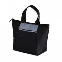 Bolsa térmica com capacidade de 7 litros com bolso frontal e alças de mãos.