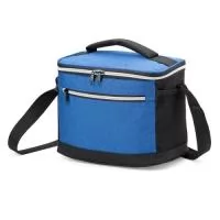 Bolsa térmica de nylon 10 litros com dois compartimentos e bolsos laterais em malha. Compartimento principal com revestimento térmico.