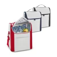 Bolsa térmica em 600D com zíper duplo, alça ajustável em webbing e bolso frontal. Capacidade até 18 L. Certificação EU Food Grade. 290 x 340 x 190 mm