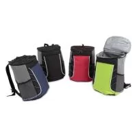 Bolsa térmica de poliéster com dois compartimentos, capacidade de 19 litros. A bolsa possui revestimento térmico em PEVA atóxico com costura soldada antivazamento, bolsos laterais telados, alça de mão e alça para as costas com revestimento espumado.