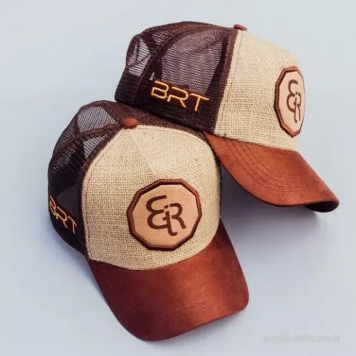 Boné personalizado - Bonés modelo Trucker Tecido em Juta, Com patch a laser. Aba em Suede, com telas, regulador de Plástico.