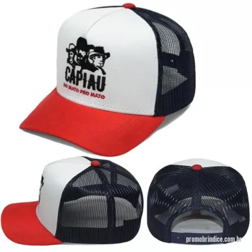 Boné personalizado - Boné modelo Trucker americano ou 6 gomos em tecido Brim médio, dublado com entretela de memoria, acabamento de algodão, telinha laterais e traseira, presponto frontal, aba com 4 costuras e regulares de plástico, ou fivela, com personalização a escolh