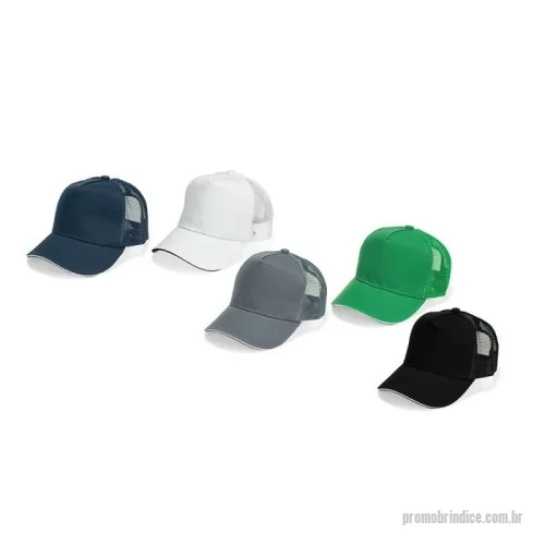 Boné personalizado - Boné de aba curva confeccionado em poliéster com tela respirável na lateral e parte posterior, além de fecho ajustável em plástico.