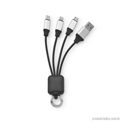 Cabo USB personalizado - Cabo USB de carregamento rápido 4 em 1 com corpo em PET 100% reciclado (100% rPET). Contém uma porta de USB-A de entrada e uma USB-C, uma micro-USB e uma lightning de saída. Adequado para carregar smartphones. Fornecido em caixa presente de papel Kraft. 100 x 40 mm | Caixa: 70 x 19 x 165 mm