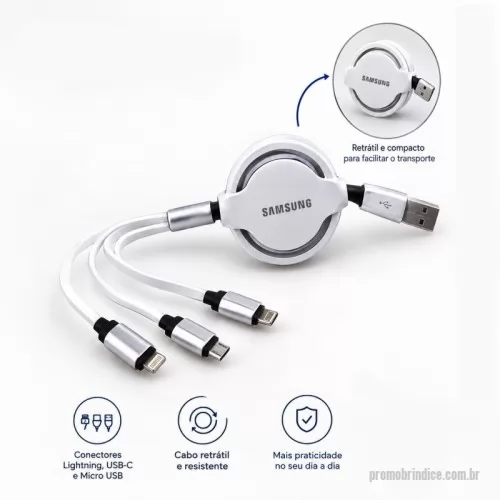Cabo USB personalizado - Cabo USB Retrátil 3 em 1 personalizado, prático e compacto para recarga de dispositivos. Possui cabo com até 1 metro de extensão e conectores USB-C, Micro USB e Lightning, além de USB-A. O sistema retrátil facilita o transporte e mantém o cabo organizado.  Excelente opção de brinde corporativo, tecnológico e útil para empresas, eventos, feiras, clientes e colaboradores. Personalize com a sua marca e tenha um brinde que será usado no dia a dia.