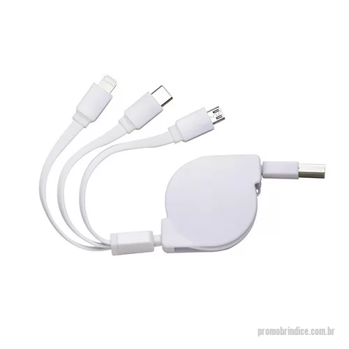 Cabo USB personalizado - abo USB retrátil com níveis ajustáveis e extensão de até 1 metro. Apresenta três cabos com saídas USB-C, Micro USB e Lightning em uma das pontas, enquanto a outra conta com entrada USB-C.