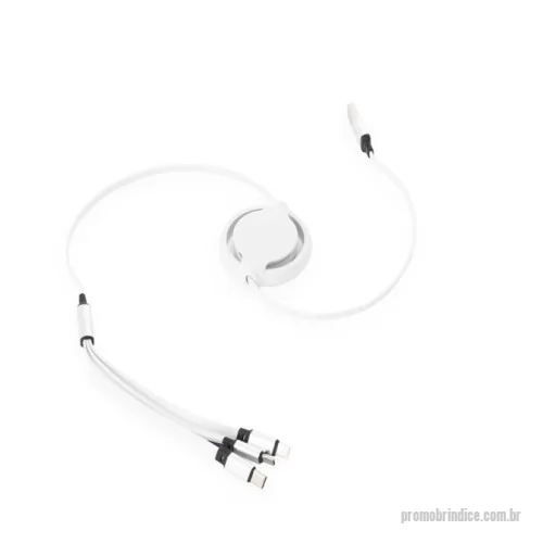 Cabo USB personalizado - Descrição: Cabo USB retrátil 3 em 1 com extensão máxima de 1m. Possui conectores USB-C, Micro USB e Lightning em uma extremidade e conector USB-A na outra. Observação: cabo destinado apenas à recarga; não realiza transferência de dados.  Altura :  24 cm  Largura :  5 cm  Comprimento :  cabo 100cm