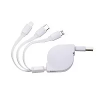 abo USB retrátil com níveis ajustáveis e extensão de até 1 metro. Apresenta três cabos com saídas USB-C, Micro USB e Lightning em uma das pontas, enquanto a outra conta com entrada USB-C.