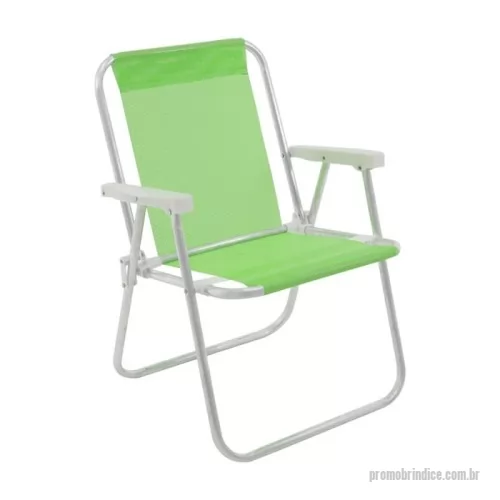 Cadeira de praia personalizada - 	Cadeira Alta em Alumínio. Tela 100% Poliéster com revestimento em PVC. Estrutura em Alumínio. Apoios de braço em Polipropileno. Dobrável. Leve e fácil de transportar. Mais praticidade e conforto. Caixa master com 9 unidades.  Peso Suportado da Cadeira: 110 kg Medidas da Cadeira: 54 cm x 53 cm x 71 cm Altura do Assento: 35 cm Estrutura: Alumínio Apoio para os Braços: Sim Dobrável: Sim