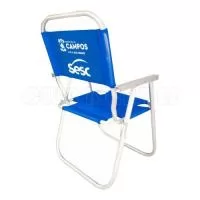 Cadeira de Praia modelo Alta confeccionada em tubo de alumínio. Disponível em várias Cores. Gravação da logomarca em 1 cor já inclusa.  Materiais utilizados no assento e encosto: Sanet, Nylon e RC.
