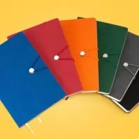 Caderneta com fecho de pino e elástico de nylon para lacre. Capa em material sintético emborrachado, possui aproximadamente 96 folhas pardas pautadas e marca página em cetim.