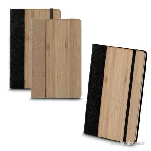 Caderno ecológico personalizado - Caderno de anotações, capa em fibra de bambu com elástico e miolo com 80 folhas pautadas na cor bege.