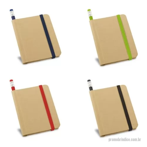 Caderno personalizado - Caderno A7 com 70 folhas lisas, capa dura em cartão e elástico. Incluso lápis com borracha na ponta. 