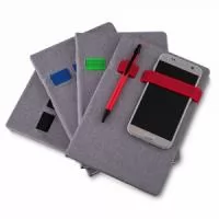 Cadernos de anotações com elástico, suporte para celular e caneta, capa com material sintético, 80 folhas NÃO ACOMPANHA CANETA E SMARTPHONE 