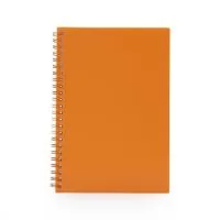 Caderno A5 plástico com wire-o metálico. Capa em PP, contém aproximadamente 80 folhas brancas com pauta.