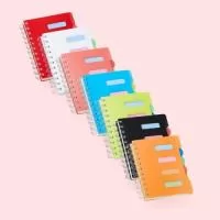 Caderno pequeno com 4 divisórias e abas para identificações, capa plástica com wire-o metálico. Contém aproximadamente 103 folhas marfins e folha inicial com tarjas para organizar e identificar as divisórias.