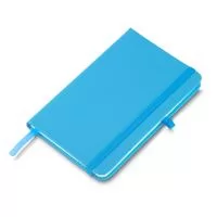Caderno de anotações com elástico no tamanho A5, suporte para caneta, capa dura em material sintético, miolo 80 folhas pautadas na cor bege.