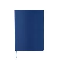 Caderno de anotações A5 com capa em PU macio, folha de guarda em papel offset 150g/m² e 64 folhas internas pautadas em papel 70g/m² com bordas na cor preta.