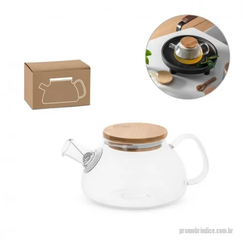 Cafeteira personalizada - Bule de vidro borosilicato com tampa em bambu. Inclui infusor em aço inox. Capacidade até 750ml. Food grade. Fornecido em caixa presente de papel craft. 200 x 85mm