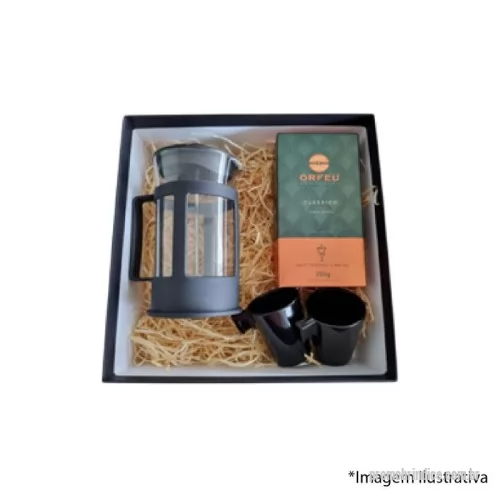 Cafeteira personalizada - Kit Cafeteira Francesa Contém: 01 caixa duplex, 01 café orfeu 250g, 01 cafeteira francesa. 