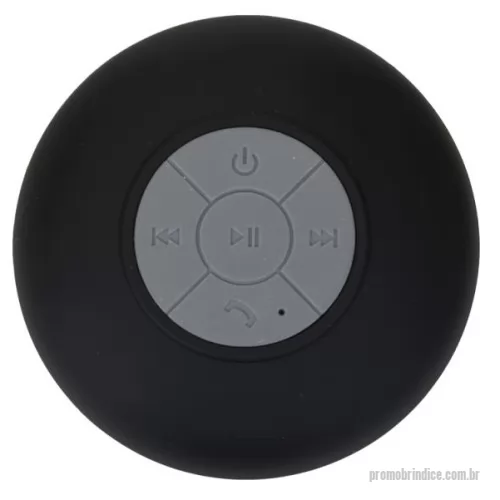 Caixa de som a prova d água personalizada - Caixa de Som Multimídia à prova D’Água emborrachada com ventosa(pode ser removida). Possui play/pause no centro e botão com desenho de telefone deve ser apertado para atender ligações. Compátivel com Iphone, Ipad, Ipod, aparelhos de celular e tablets. Acompanha cabo.