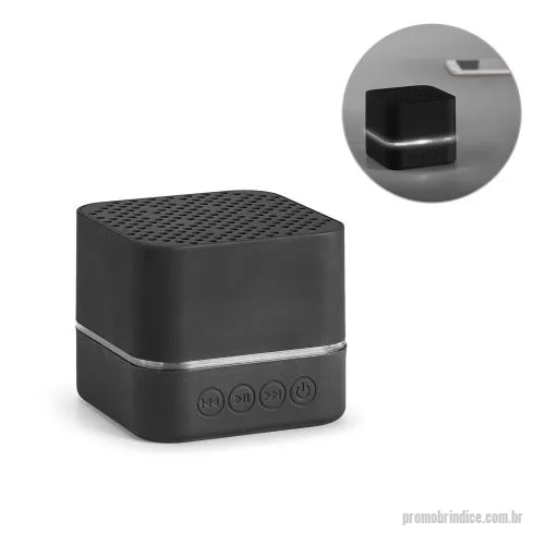 Caixa de Som com Bluetooth personalizada - Caixa de som portátil, com luz LED no interior, em ABS e acabamento emborrachado. (personalizável com logótipo iluminado). Transmissão sem fios BT v4.2 e potência de 3W (4?). Bateria com 300 mAh e autonomia aproximada de 2h. Incluso cabo 2 em 1: USB 