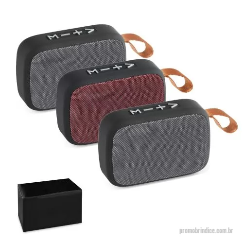 Caixa de Som com Bluetooth personalizada - Caixa de som portátil com microfone, em ABS, tecido em poliéster e acabamento emborrachado. Possui transmissão sem fios BT v5.0, ligação stereo 3,5 mm e leitor de cartões microSD. Potência de 3W/4?, bateria com capacidade de 300 mAh e autonomia, apro