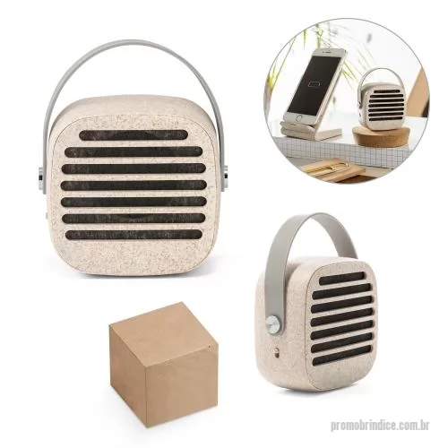 Caixa de Som com Bluetooth personalizada - Caixa de som portátil em fibra de palha de trigo e ABS, com alça em silicone para facilitar o transporte. Possui transmissão sem fios BT v5.0, potência de 3W, bateria com 500 mAh e autonomia, aproximada, de 4h30. Incluso cabo USB. Fornecido em caixa 