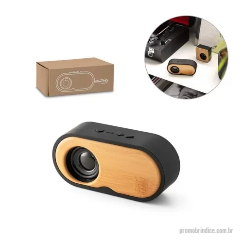 Caixa de Som com Bluetooth personalizada - Caixa de som portátil em abs reciclado e bambu. Com potência de 3w e transmissão por bluetooth 5.0 e função de rádio. Tempo de reprodução até 5h com uma bateria de 1200 mah. Fornecido em caixa presente de papel craft.