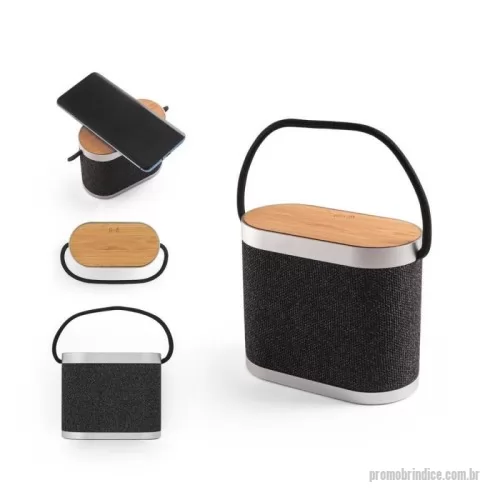 Caixa de Som com Bluetooth personalizada - Caixa de som em bambu e poliéster 100% reciclado (rPET), com carregador por indução (wireless) na parte superior.