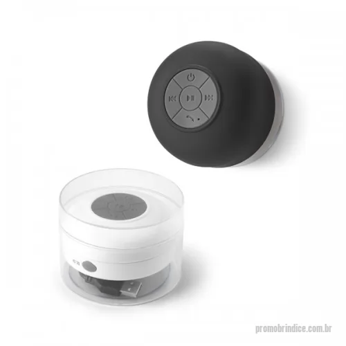 Caixa de som personalizada - Caixa de som à prova d'água em ABS com acabamento emborrachado. Bluetooth integrado. Potência 3W. Autonomia de até 3h. Função para atender chamadas, controle de volume e ventosa para fixação. Incluso cabo USB para recarga.  Disponível nas cores: preto e branco.