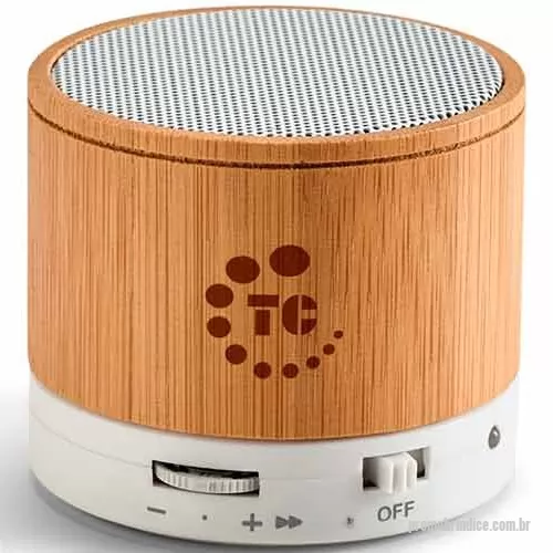 Caixa de som personalizada - Caixa de som com microfone. Bambu. Com transmissão por bluetooth, ligação stereo 3,5 mm e leitor de cartões TF. Autonomia até 3h. 