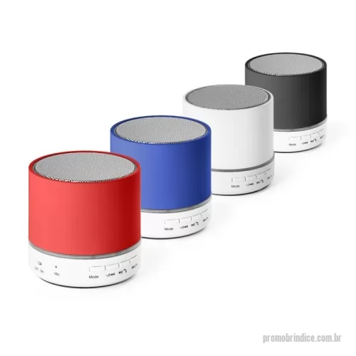 Caixa de som personalizada - Caixa de som com microfone em ABS e acabamento emborrachado. transmissão sem fios BT v3.0 e leitor de cartões TF. Com 3W/4? e autonomia aproximada de 2h. Função para atender chamadas, controle de volume e conexão à playlist do dispositivo móvel. Incluso cabo USB / micro USB para carregar. ø59 x 55 mm